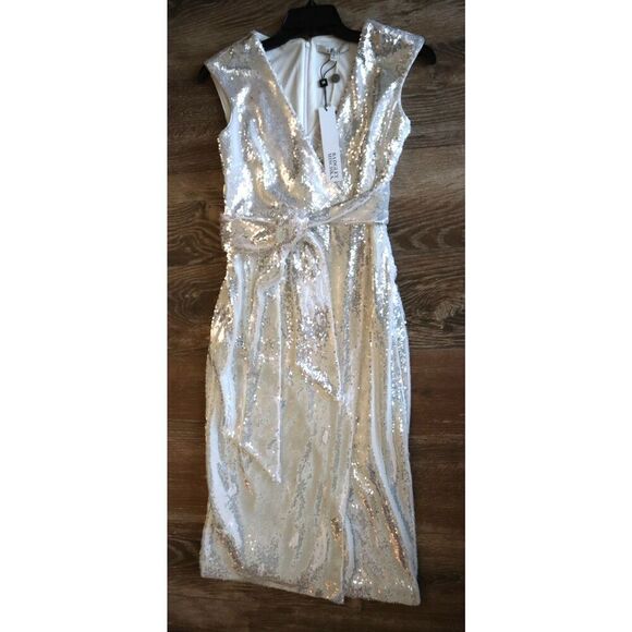 Badgley Mischka SC2538 Women's Sz 6 White Sequined Cocktail Midi Dress - Picture 4 of 12
